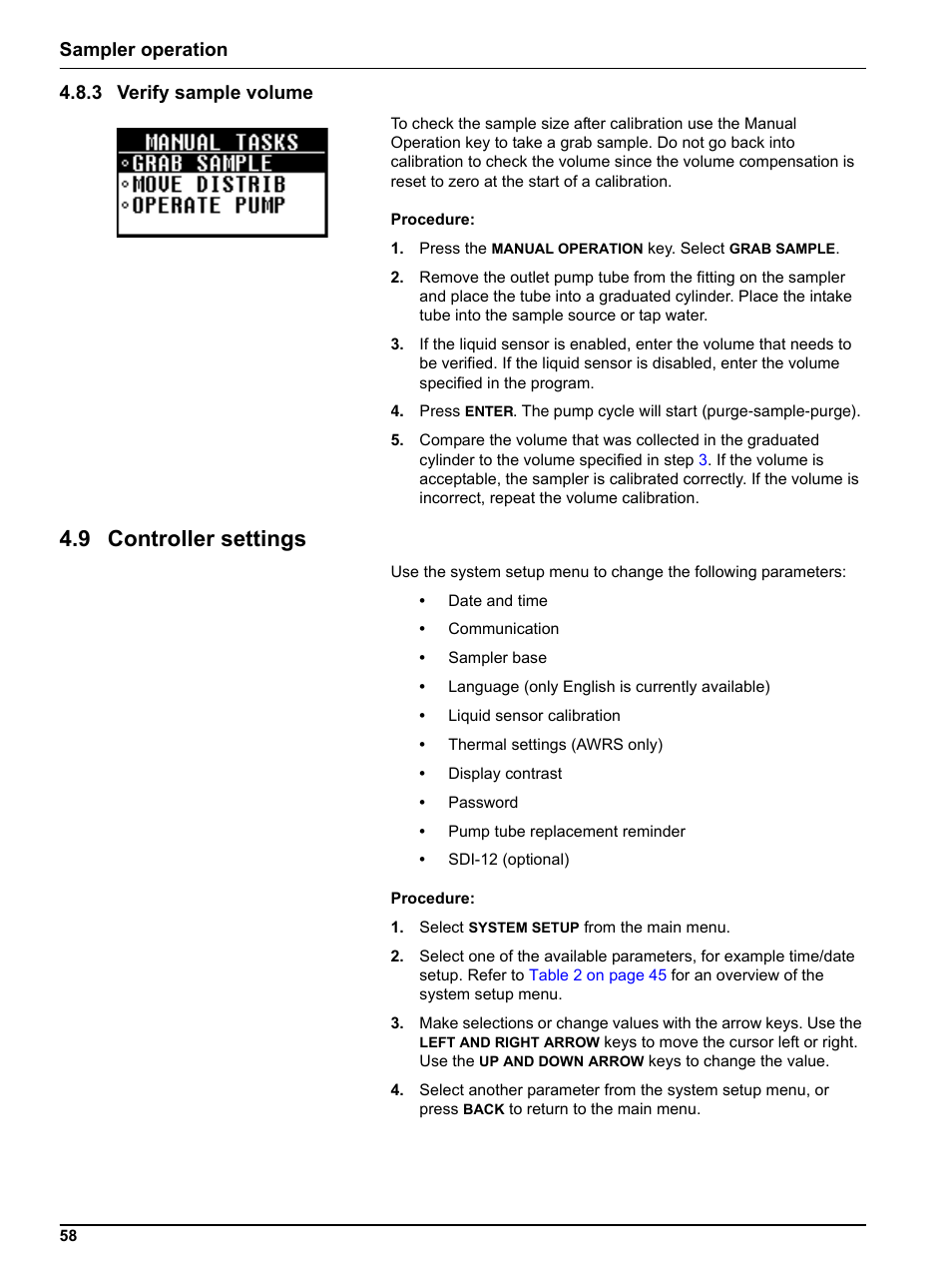 3 verify sample volume, 9 controller settings, Sampler operation 4.8.3 verify sample volume | Hach-Lange SIGMA SD900 Refrigerated Sampler and All Weather Refrigerated Sampler User Manual User Manual | Page 60 / 114