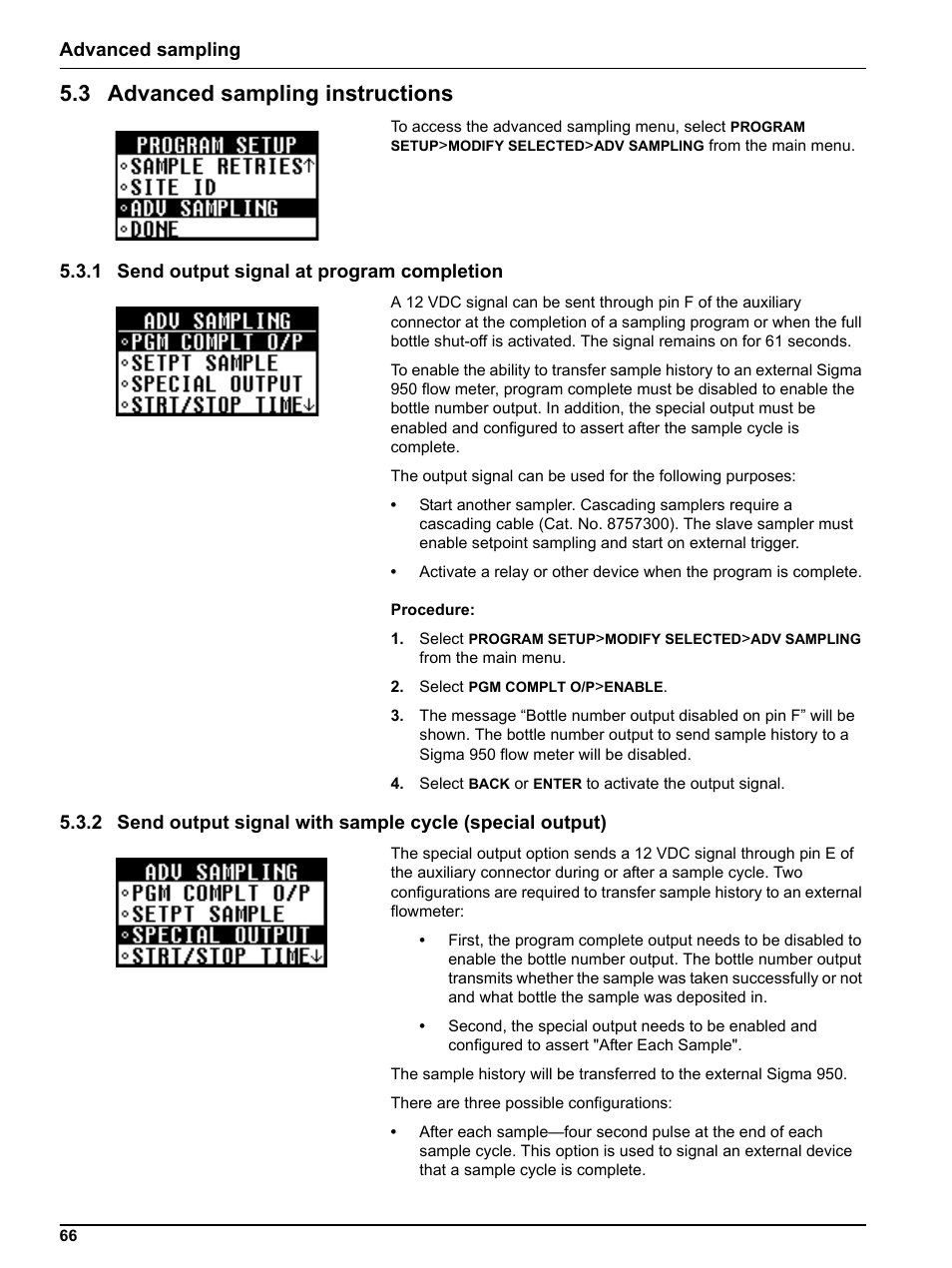 3 advanced sampling instructions, 1 send output signal at program completion, Advanced sampling | Hach-Lange SIGMA SD900 Refrigerated Sampler and All Weather Refrigerated Sampler User Manual User Manual | Page 68 / 114