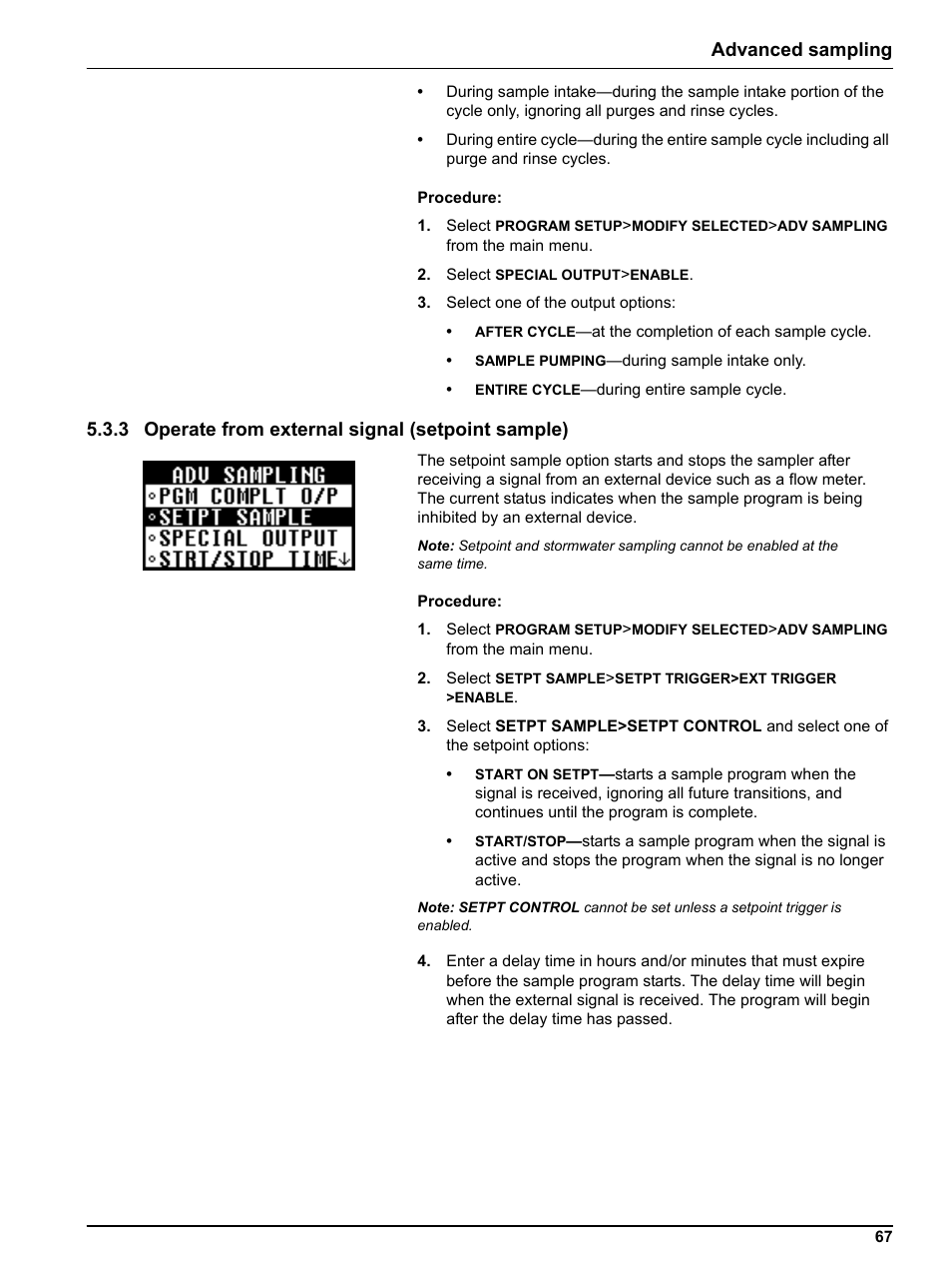 3 operate from external signal (setpoint sample), Advanced sampling | Hach-Lange SIGMA SD900 Refrigerated Sampler and All Weather Refrigerated Sampler User Manual User Manual | Page 69 / 114
