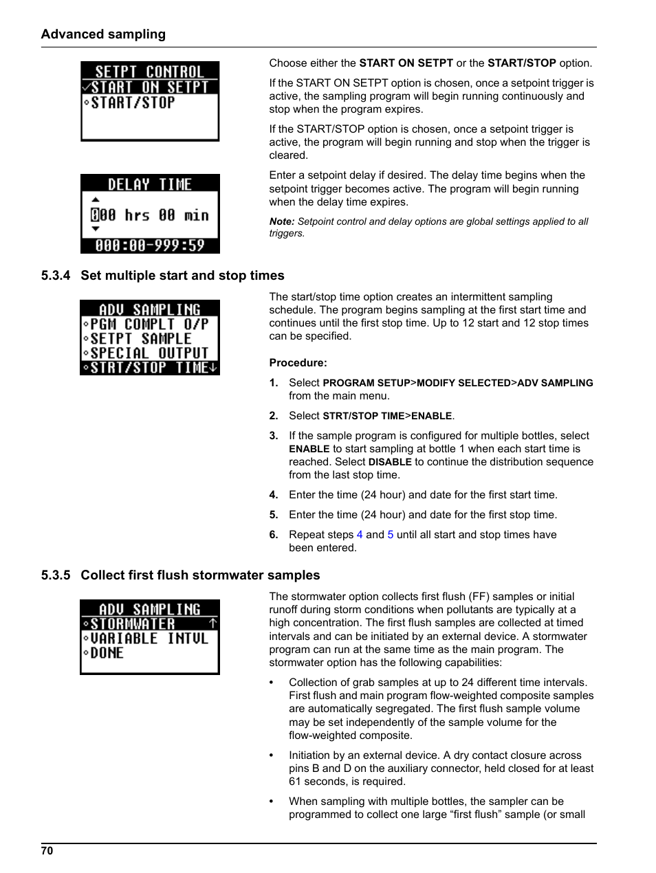 4 set multiple start and stop times, 5 collect first flush stormwater samples, Advanced sampling | Hach-Lange SIGMA SD900 Refrigerated Sampler and All Weather Refrigerated Sampler User Manual User Manual | Page 72 / 114