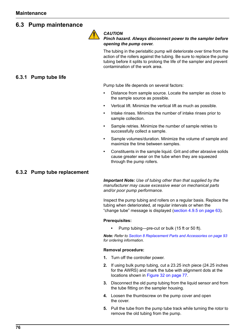 3 pump maintenance, 1 pump tube life, 2 pump tube replacement | 1 pump tube life 6.3.2 pump tube replacement, Maintenance | Hach-Lange SIGMA SD900 Refrigerated Sampler and All Weather Refrigerated Sampler User Manual User Manual | Page 78 / 114