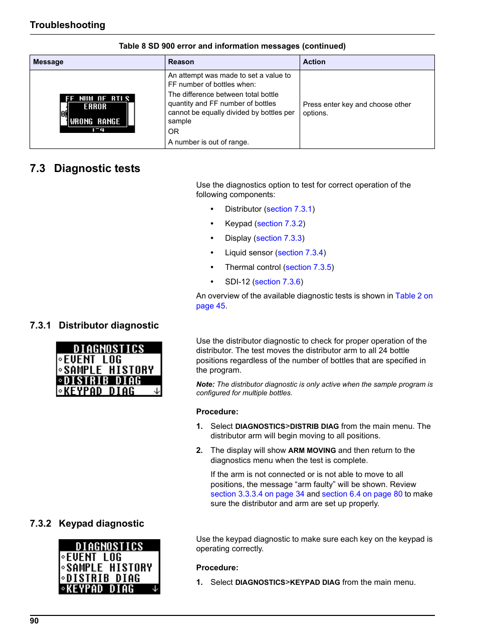 3 diagnostic tests, 1 distributor diagnostic, 2 keypad diagnostic | 1 distributor diagnostic 7.3.2 keypad diagnostic, Diagnostic tests on, Troubleshooting | Hach-Lange SIGMA SD900 Refrigerated Sampler and All Weather Refrigerated Sampler User Manual User Manual | Page 92 / 114