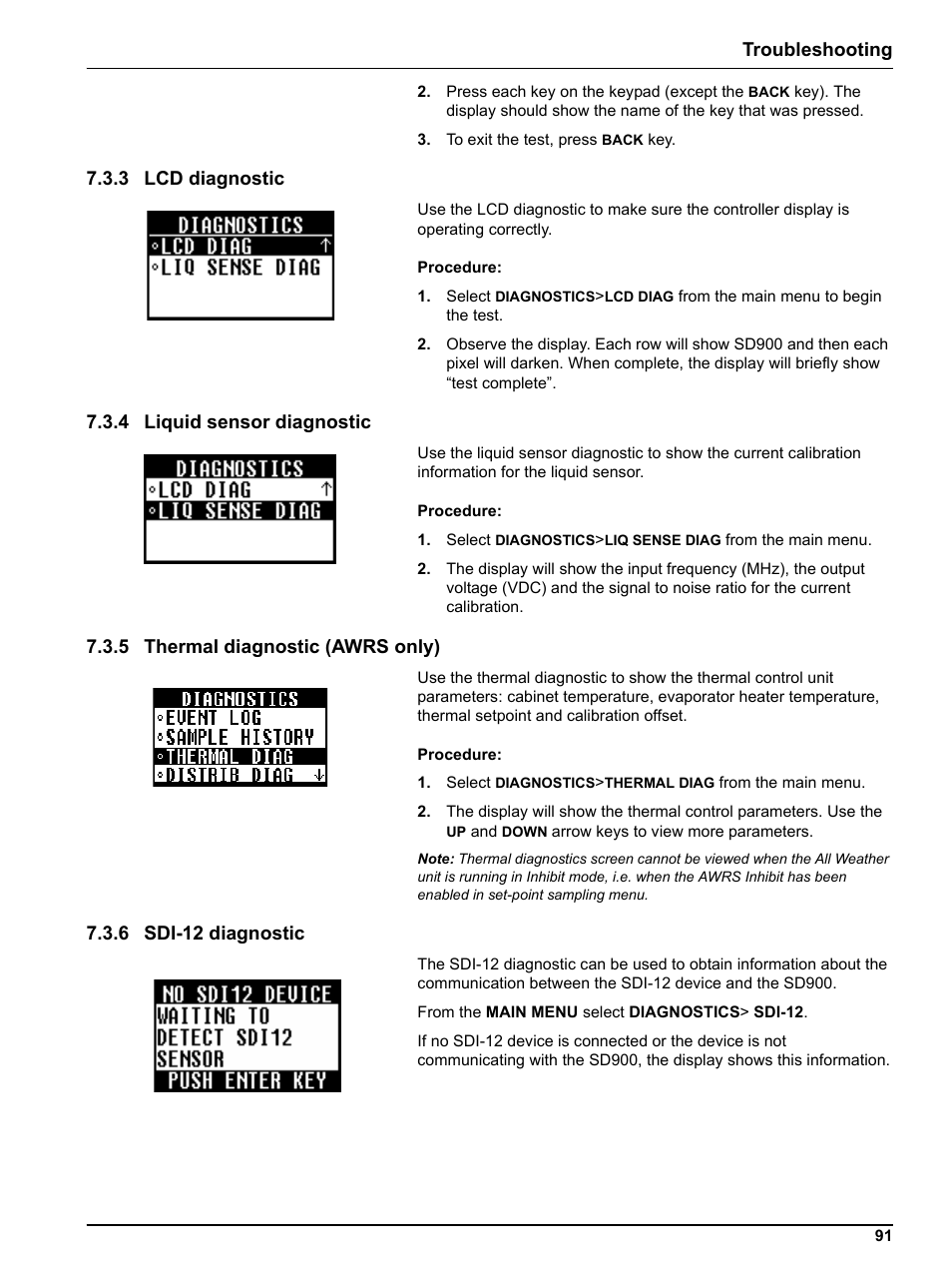 3 lcd diagnostic, 4 liquid sensor diagnostic, 5 thermal diagnostic (awrs only) | 6 sdi-12 diagnostic, Section 7.3.3, Section 7.3.4, Section 7.3.5, Section 7.3.6, Troubleshooting | Hach-Lange SIGMA SD900 Refrigerated Sampler and All Weather Refrigerated Sampler User Manual User Manual | Page 93 / 114