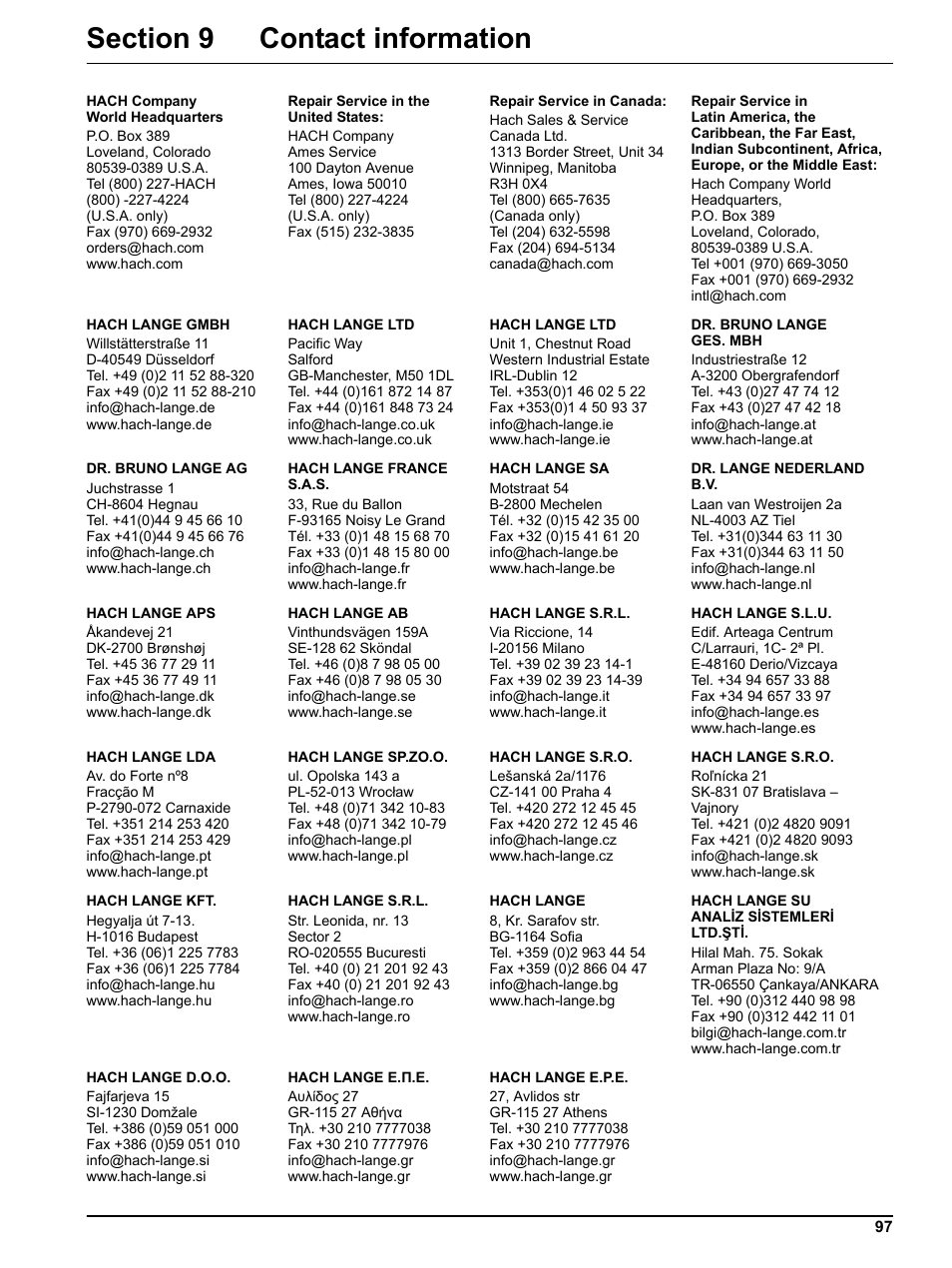 Section 9 contact information | Hach-Lange SIGMA SD900 Refrigerated Sampler and All Weather Refrigerated Sampler User Manual User Manual | Page 99 / 114