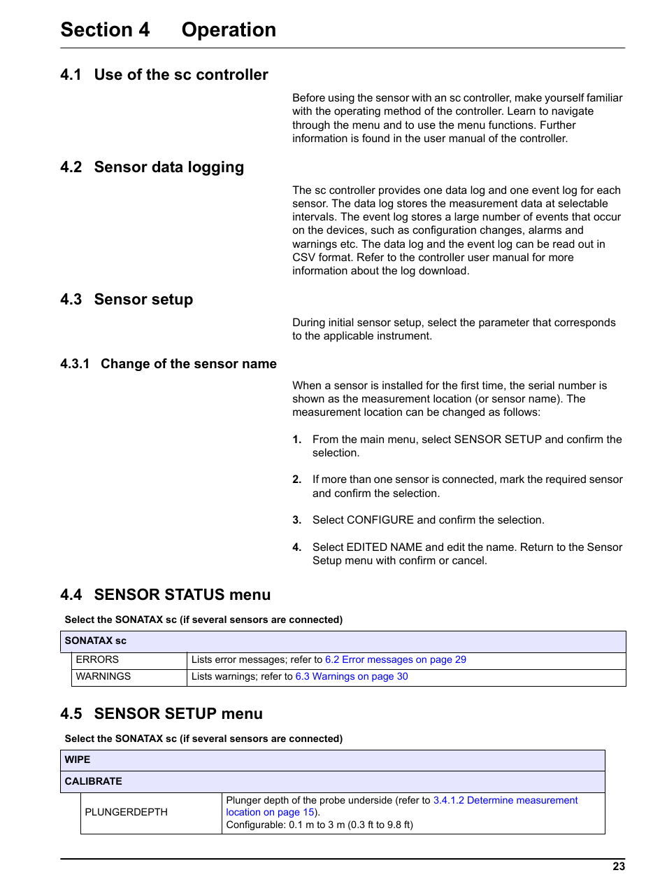 Section 4 operation, 1 use of the sc controller, 2 sensor data logging | 3 sensor setup, 1 change of the sensor name, 4 sensor status menu, 5 sensor setup menu, 4 sensor status menu 4.5 sensor setup menu | Hach-Lange SONATAX sc User Manual | Page 23 / 38