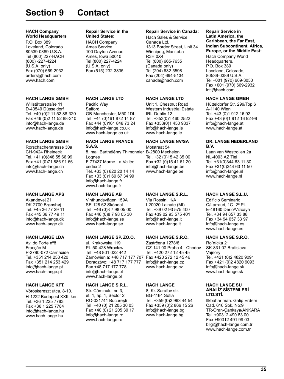 Section 9 contact | Hach-Lange SONATAX sc User Manual | Page 35 / 38