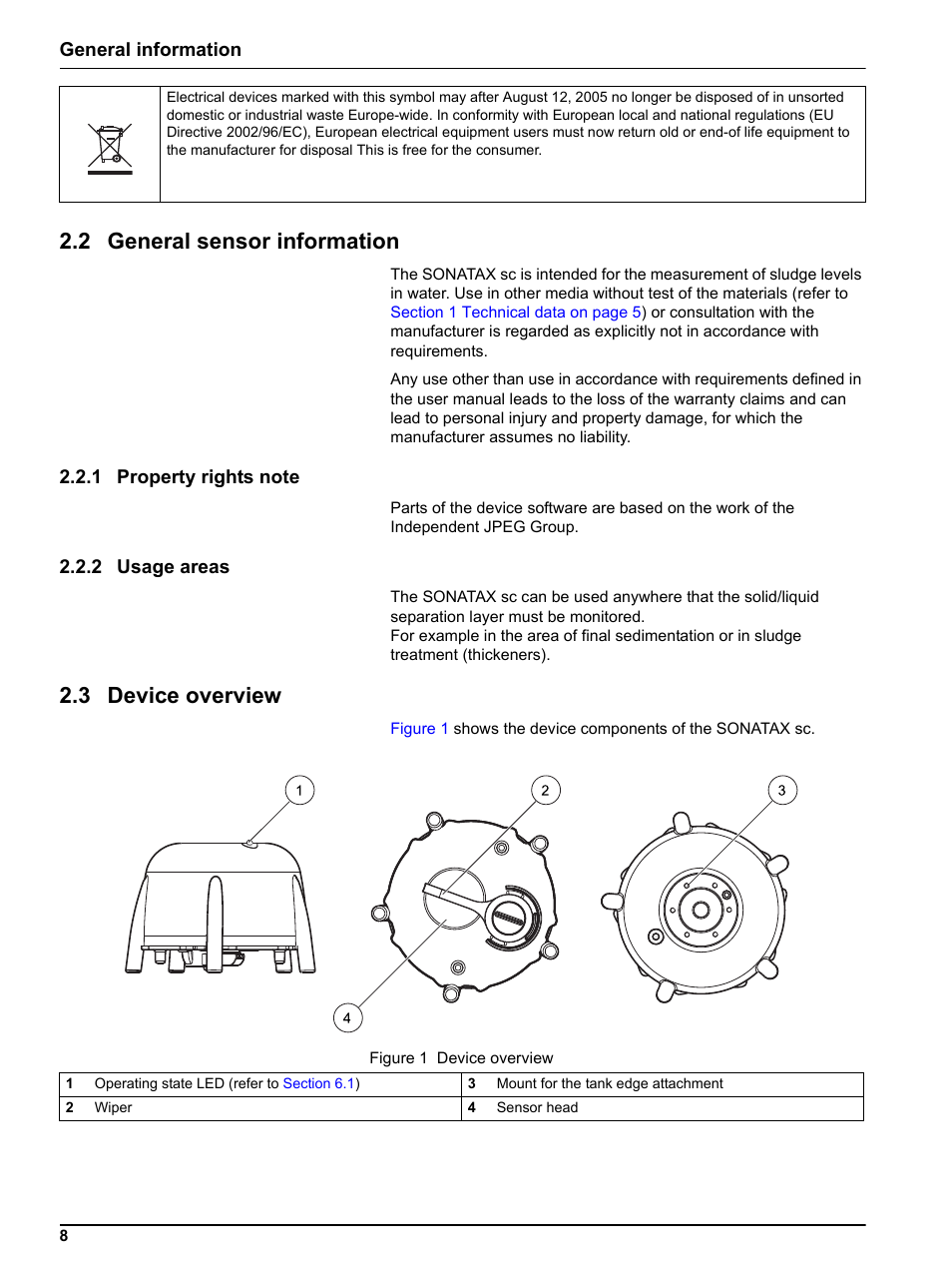 2 general sensor information, 1 property rights note, 2 usage areas | 3 device overview, 1 property rights note 2.2.2 usage areas, General information | Hach-Lange SONATAX sc User Manual | Page 8 / 38