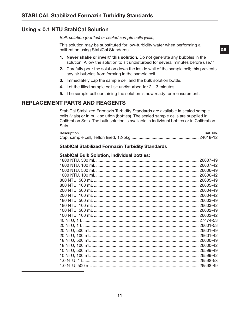 Stablcal stabilized formazin turbidity standards, Using < 0.1 ntu stablcal solution, Replacement parts and reagents | Hach-Lange STABLCAL User Manual | Page 11 / 44