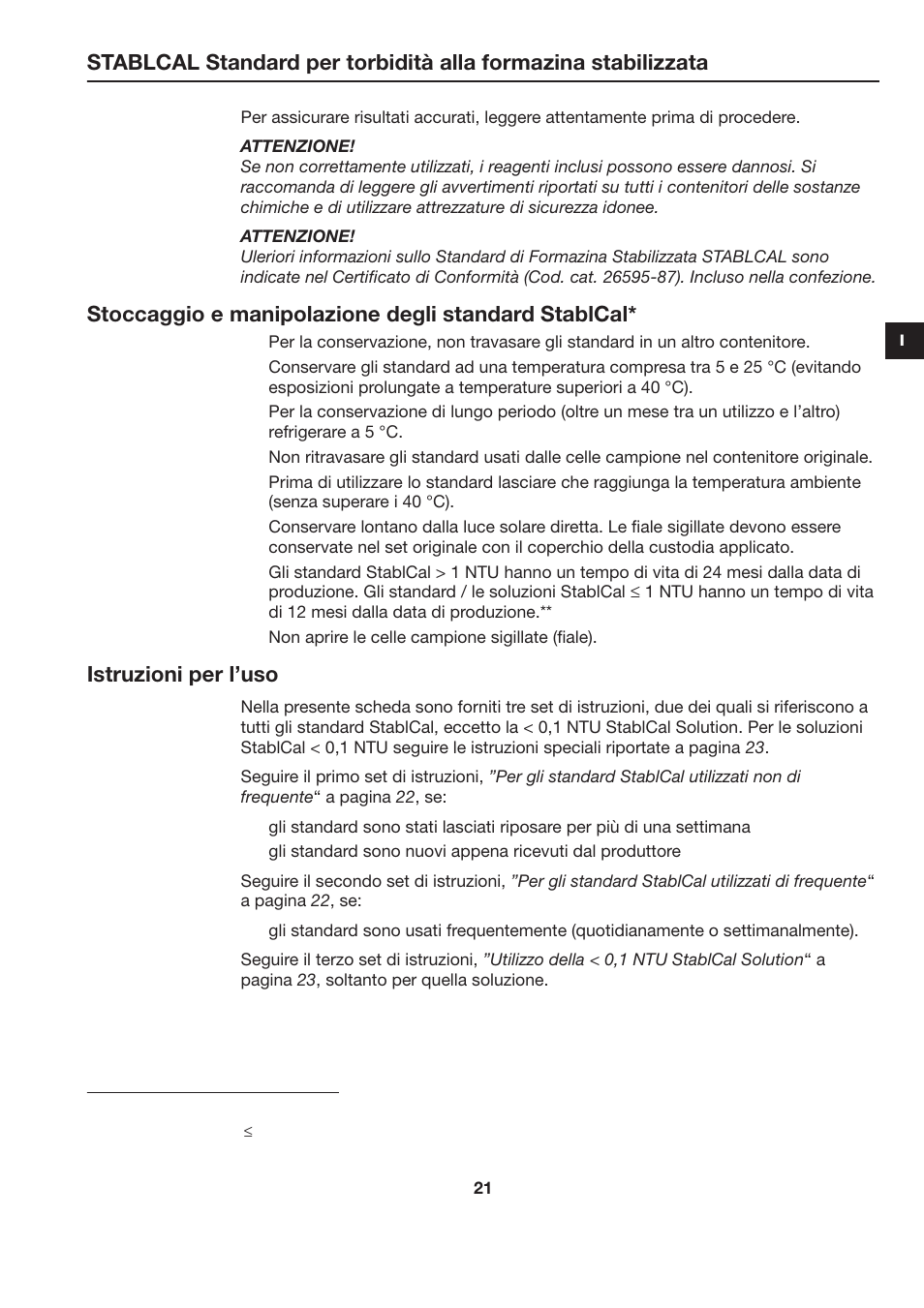 Stoccaggio e manipolazione degli standard stablcal, Istruzioni per l’uso | Hach-Lange STABLCAL User Manual | Page 21 / 44