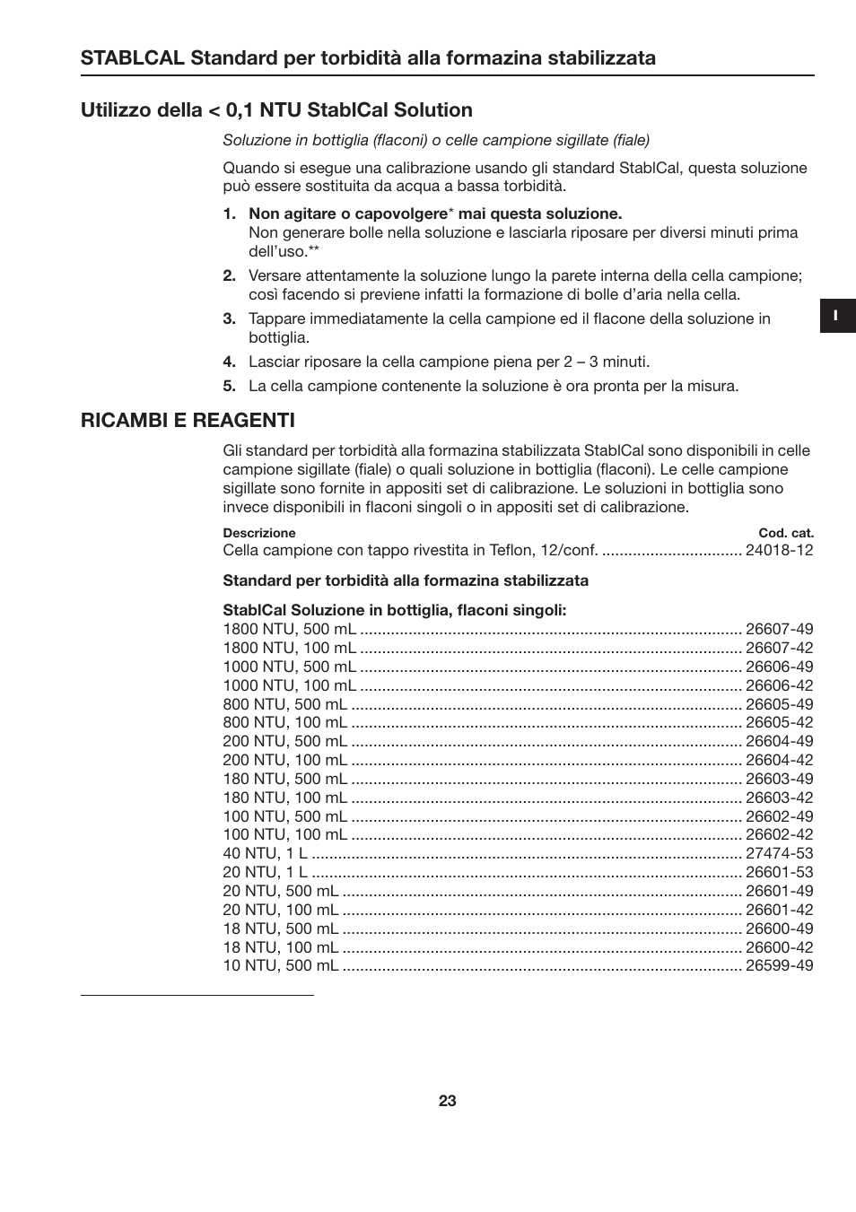 Utilizzo della < 0,1 ntu stablcal solution, Ricambi e reagenti | Hach-Lange STABLCAL User Manual | Page 23 / 44