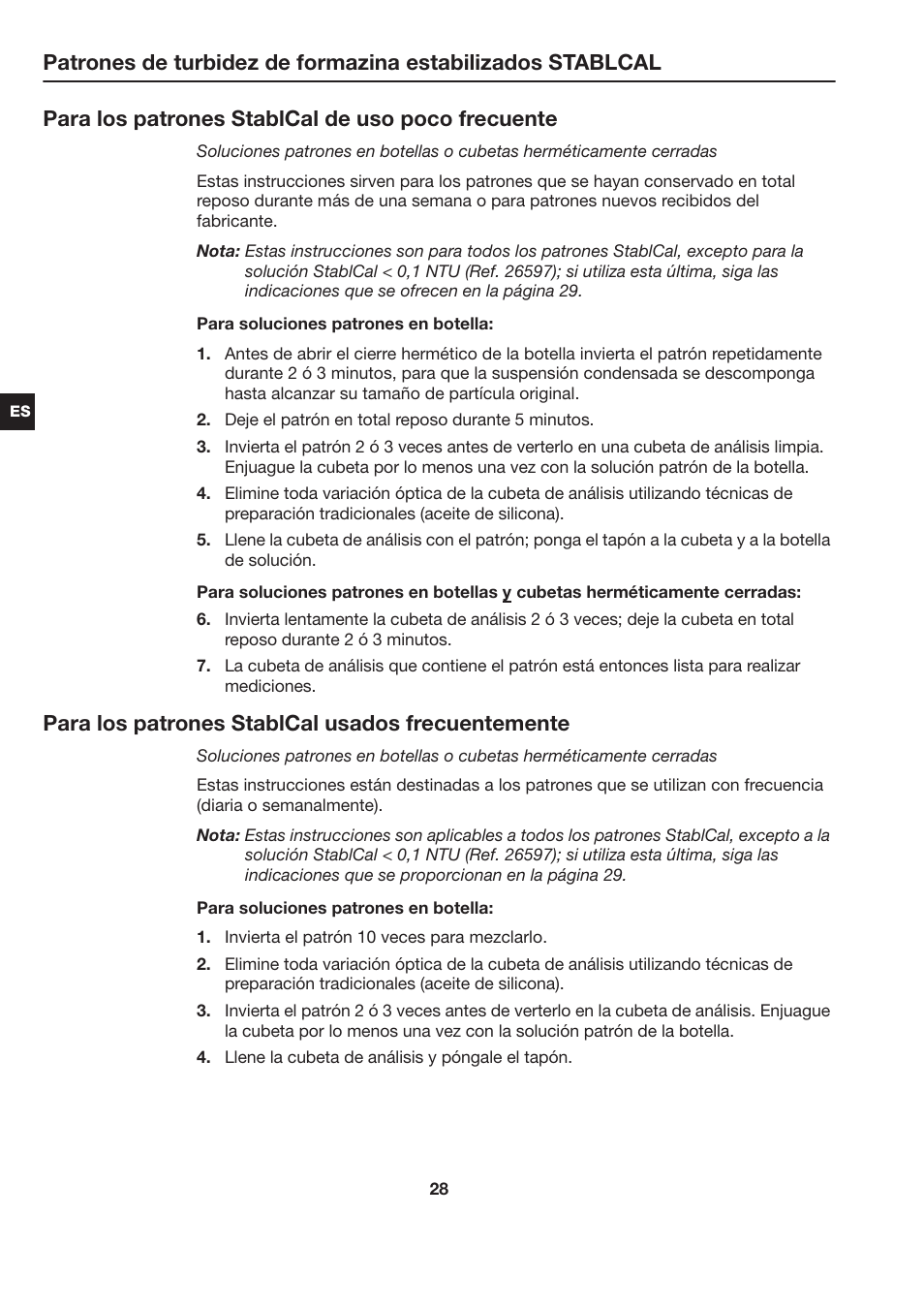 Para los patrones stablcal de uso poco frecuente, Para los patrones stablcal usados frecuentemente | Hach-Lange STABLCAL User Manual | Page 28 / 44