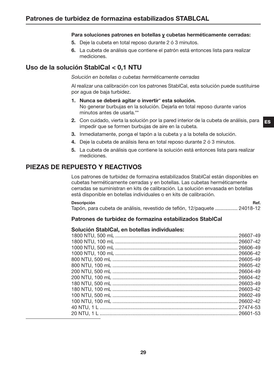 Uso de la solución stablcal < 0,1 ntu, Piezas de repuesto y reactivos | Hach-Lange STABLCAL User Manual | Page 29 / 44