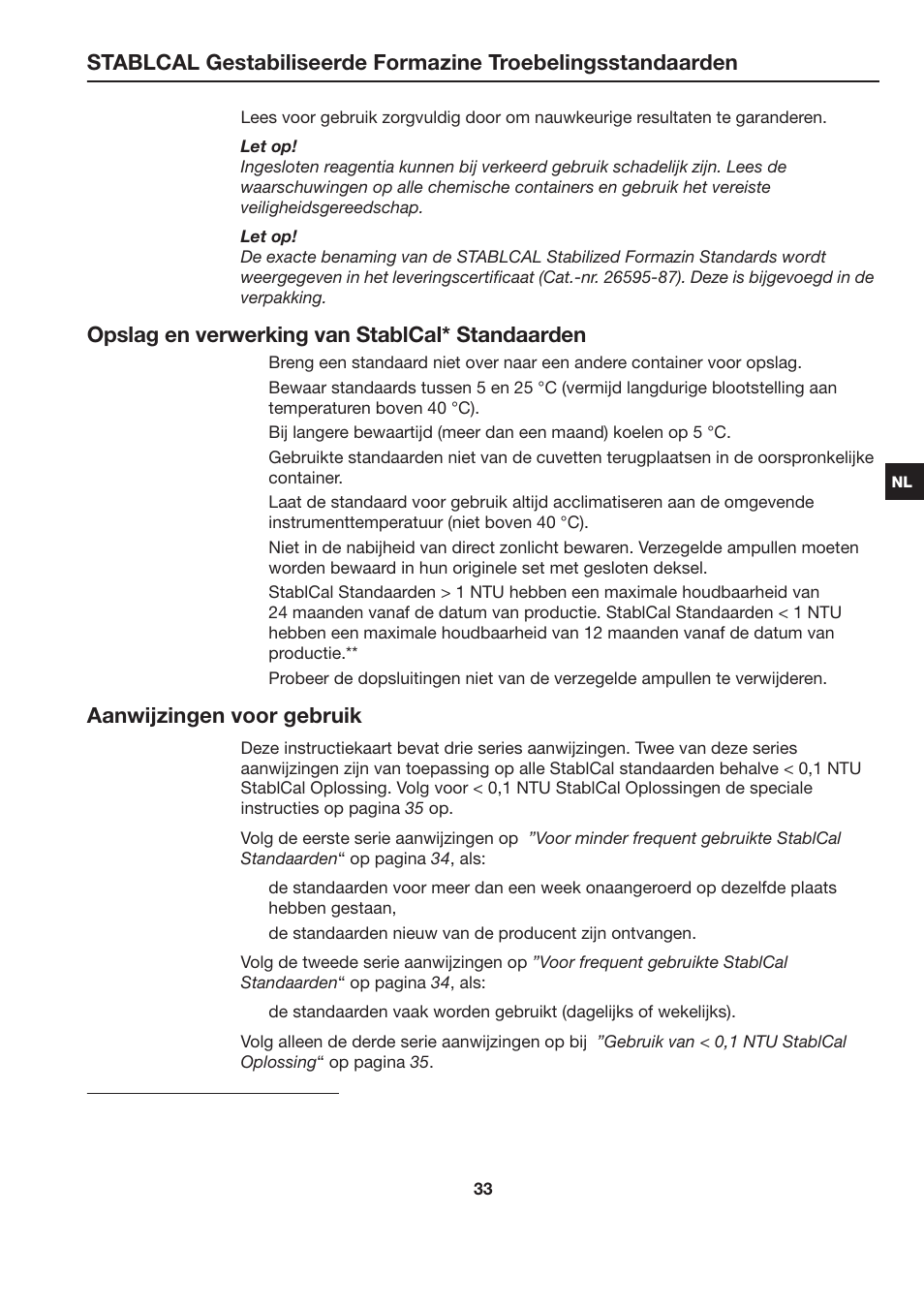 Opslag en verwerking van stablcal* standaarden, Aanwijzingen voor gebruik | Hach-Lange STABLCAL User Manual | Page 33 / 44
