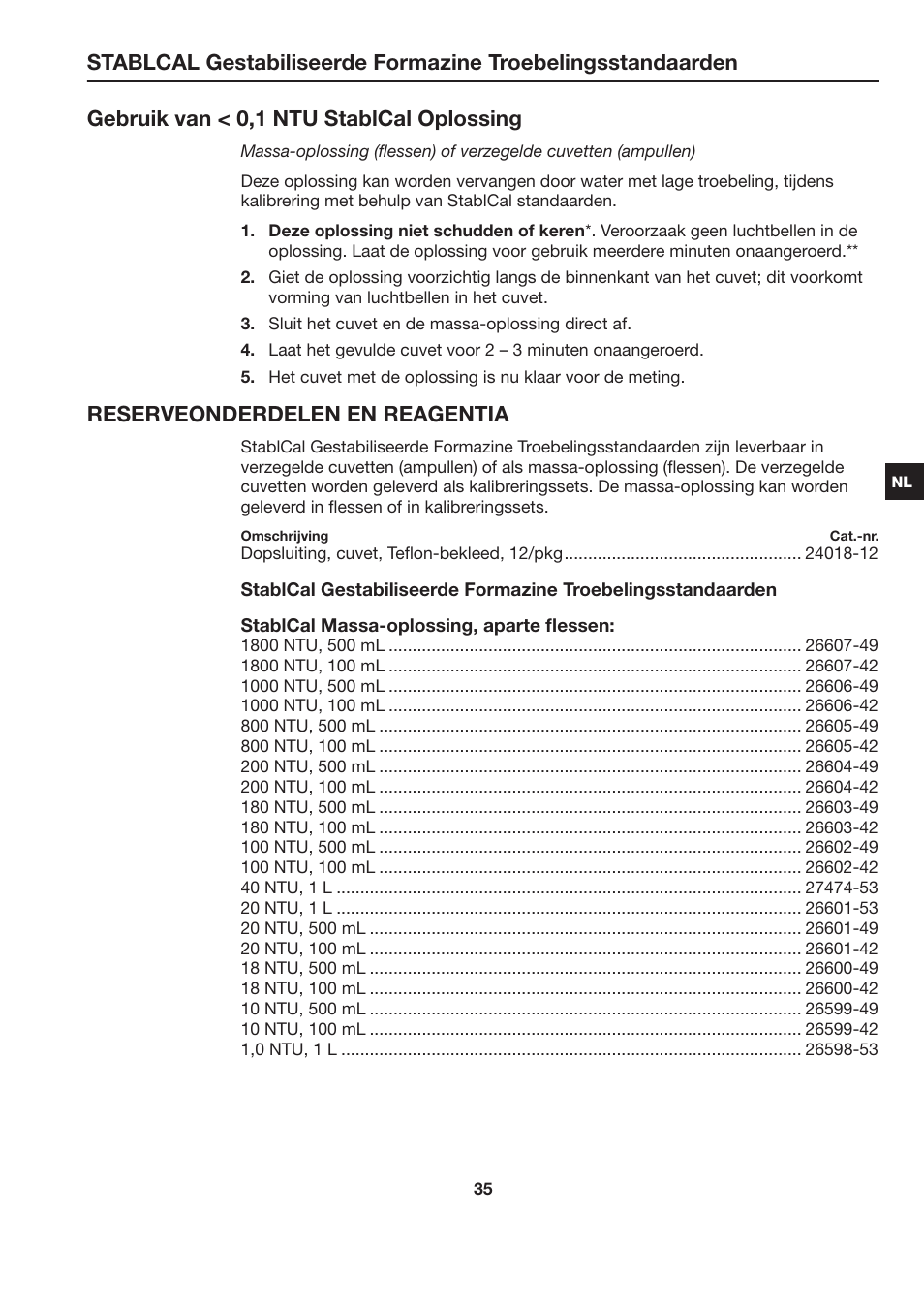 Gebruik van < 0,1 ntu stablcal oplossing, Reserveonderdelen en reagentia | Hach-Lange STABLCAL User Manual | Page 35 / 44
