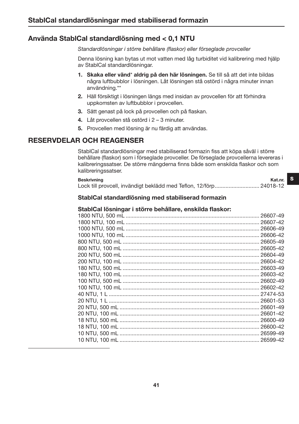 Använda stablcal standardlösning med < 0,1 ntu, Reservdelar och reagenser | Hach-Lange STABLCAL User Manual | Page 41 / 44