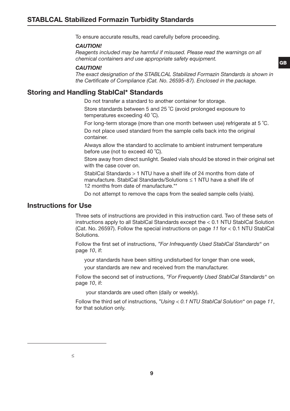 Stablcal stabilized formazin turbidity standards, Storing and handling stablcal* standards, Instructions for use | Hach-Lange STABLCAL User Manual | Page 9 / 44