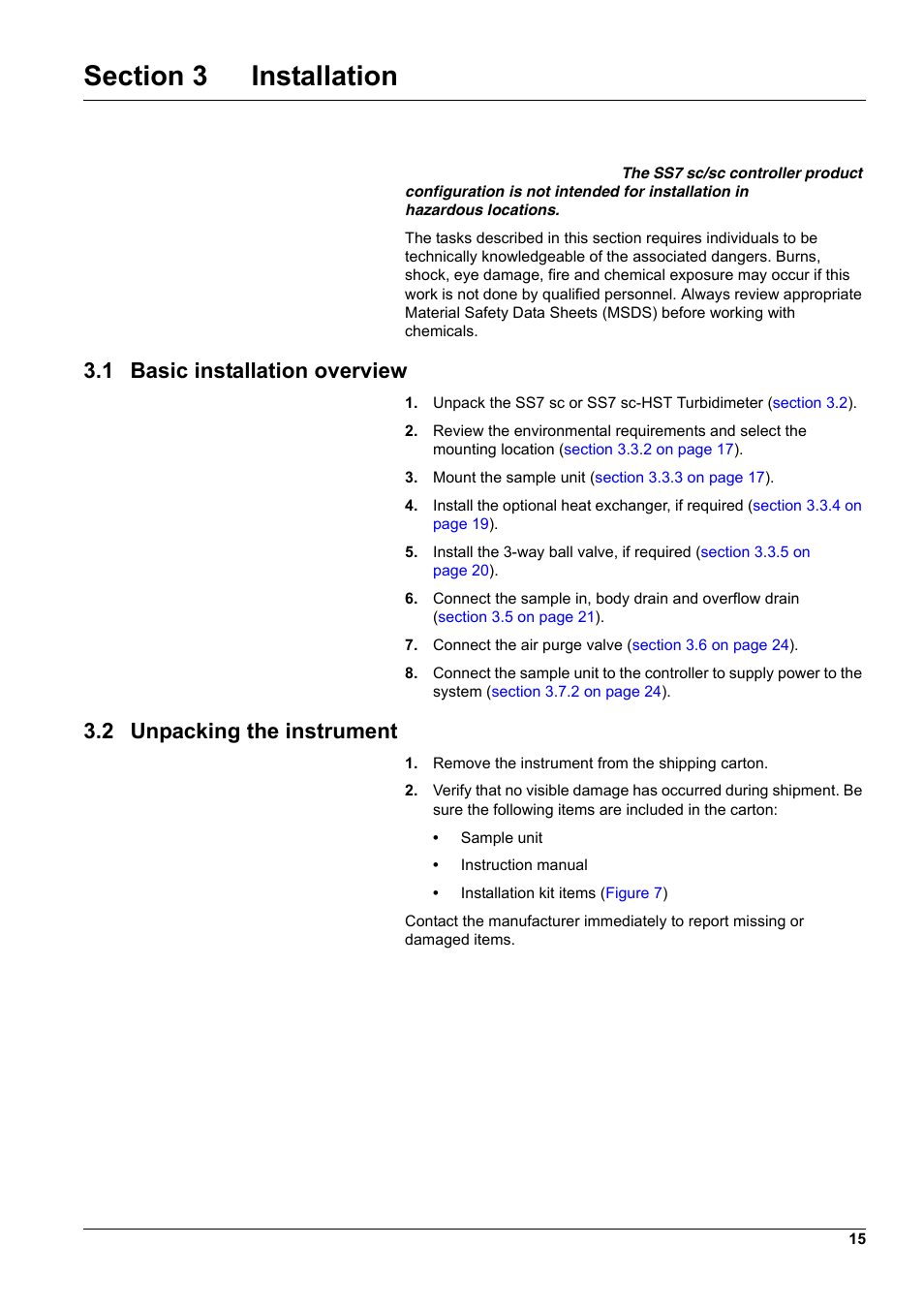 1 basic installation overview, 2 unpacking the instrument | Hach-Lange SURFACE SCATTER 7 sc Turbidimeter User Manual | Page 17 / 64