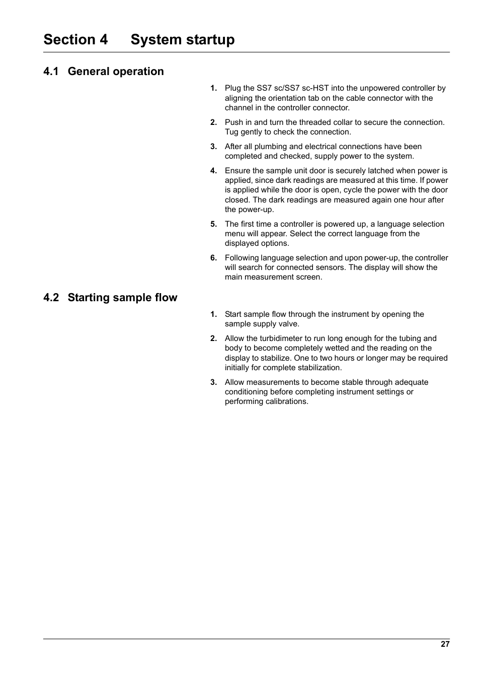 1 general operation, 2 starting sample flow | Hach-Lange SURFACE SCATTER 7 sc Turbidimeter User Manual | Page 29 / 64