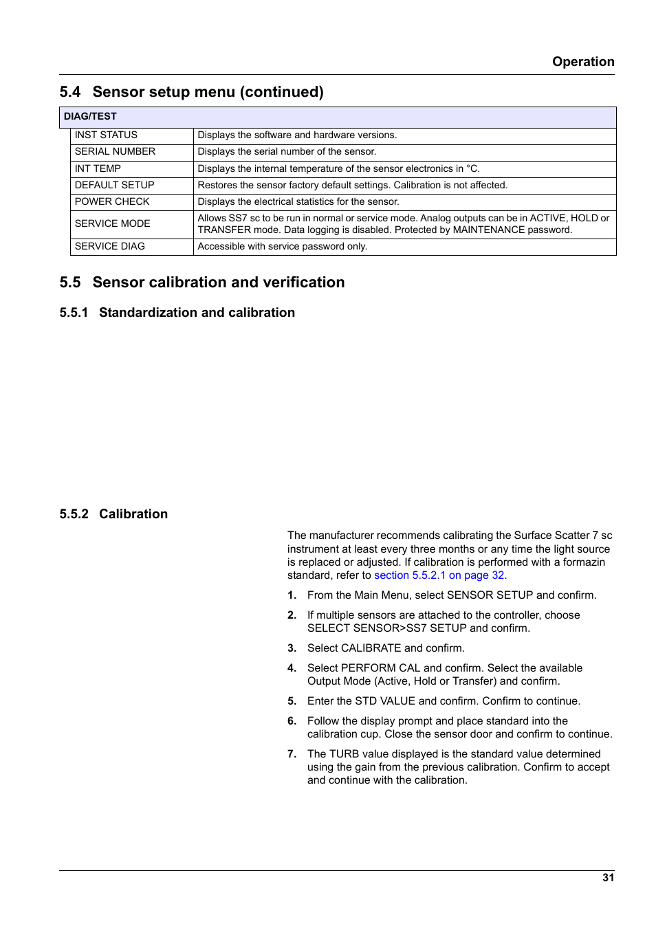 5 sensor calibration and verification, 4 sensor setup menu (continued), Operation | 1 standardization and calibration, 2 calibration | Hach-Lange SURFACE SCATTER 7 sc Turbidimeter User Manual | Page 33 / 64