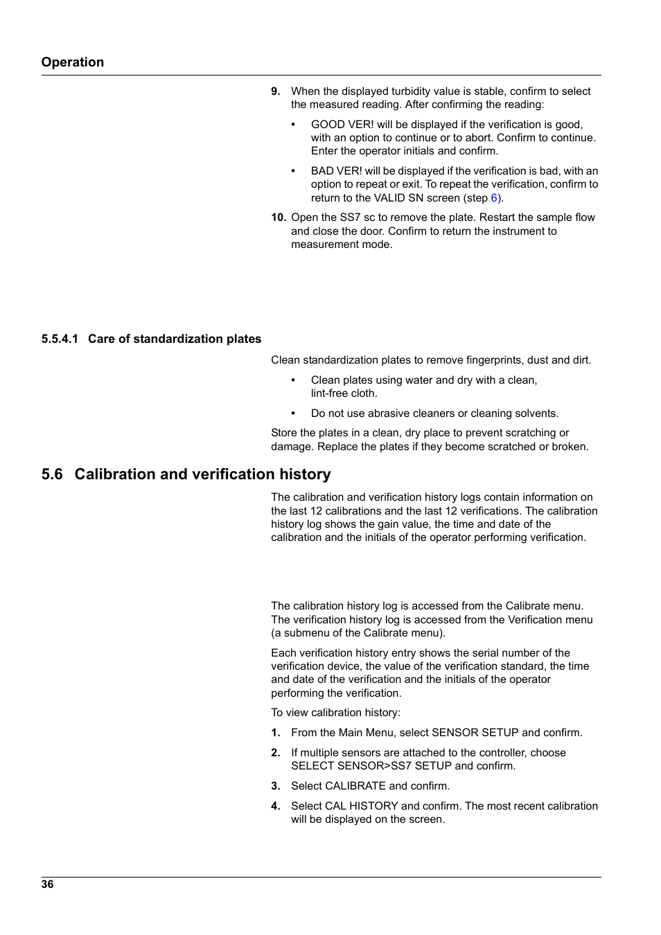 6 calibration and verification history, Operation | Hach-Lange SURFACE SCATTER 7 sc Turbidimeter User Manual | Page 38 / 64