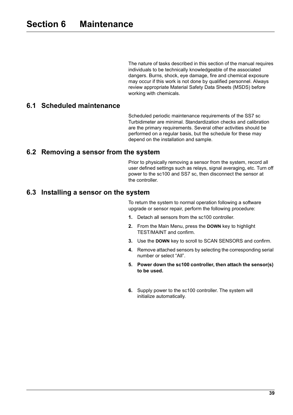 1 scheduled maintenance, 2 removing a sensor from the system, 3 installing a sensor on the system | Hach-Lange SURFACE SCATTER 7 sc Turbidimeter User Manual | Page 41 / 64