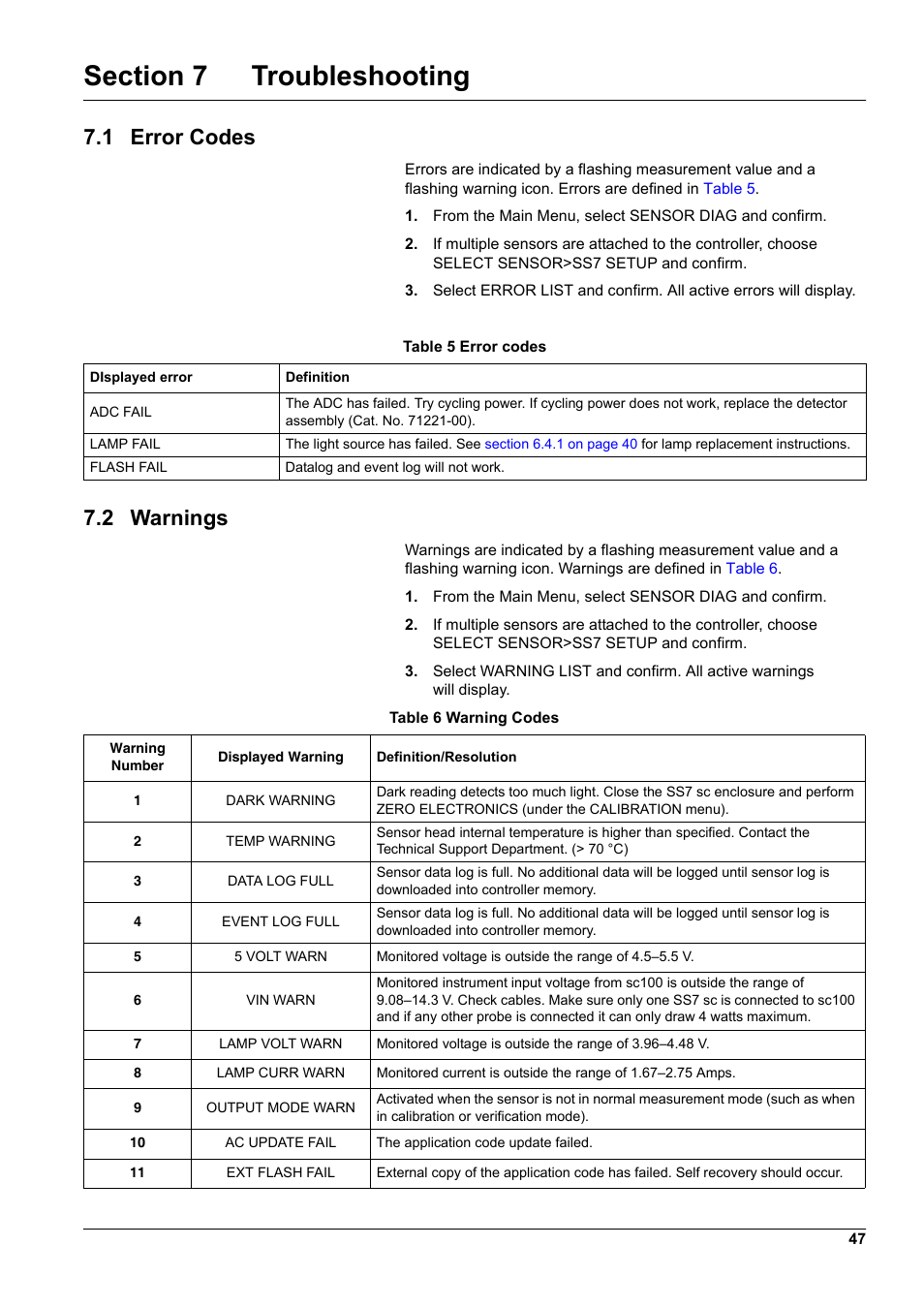 1 error codes, 2 warnings | Hach-Lange SURFACE SCATTER 7 sc Turbidimeter User Manual | Page 49 / 64