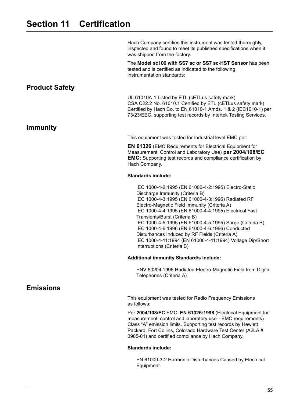 Product safety, Immunity, Emissions | Hach-Lange SURFACE SCATTER 7 sc Turbidimeter User Manual | Page 57 / 64
