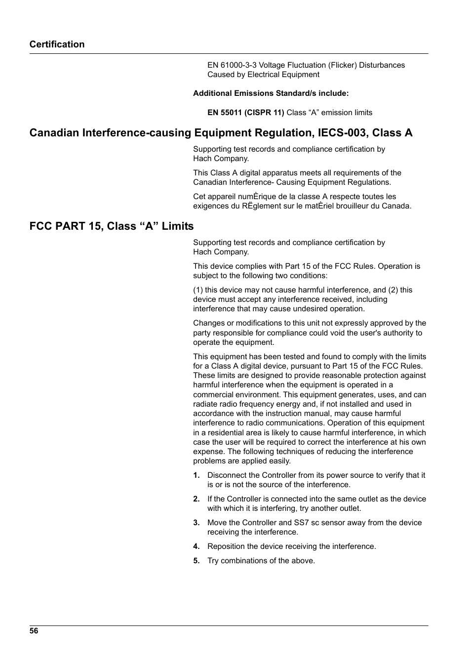 Fcc part 15, class “a” limits | Hach-Lange SURFACE SCATTER 7 sc Turbidimeter User Manual | Page 58 / 64