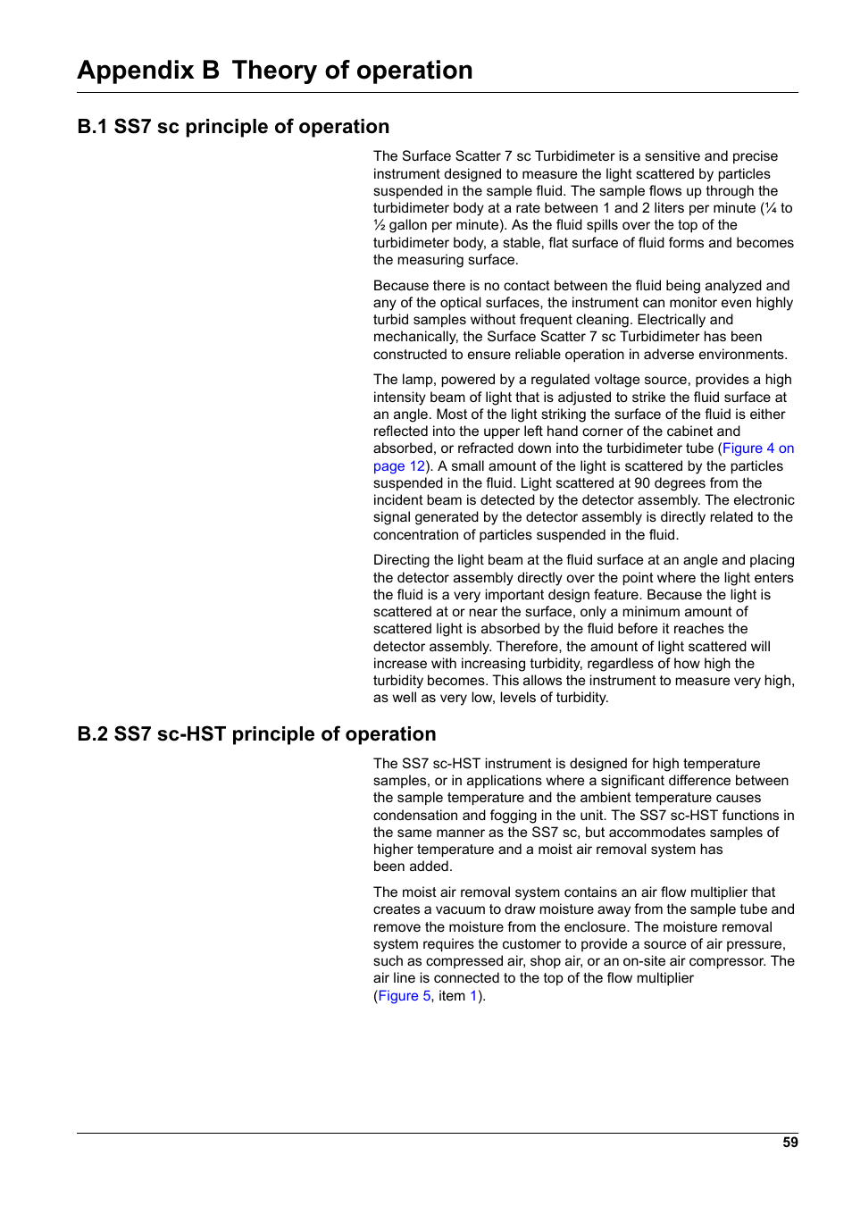 Appendix b theory of operation, B.1 ss7 sc principle of operation, B.2 ss7 sc-hst principle of operation | Hach-Lange SURFACE SCATTER 7 sc Turbidimeter User Manual | Page 61 / 64