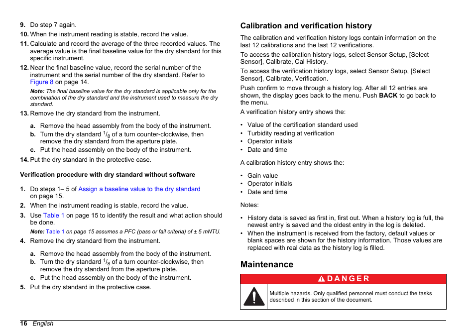 Calibration and verification history, Maintenance | Hach-Lange FILTERTRAK FT 660 sc Basic User Manual User Manual | Page 16 / 90