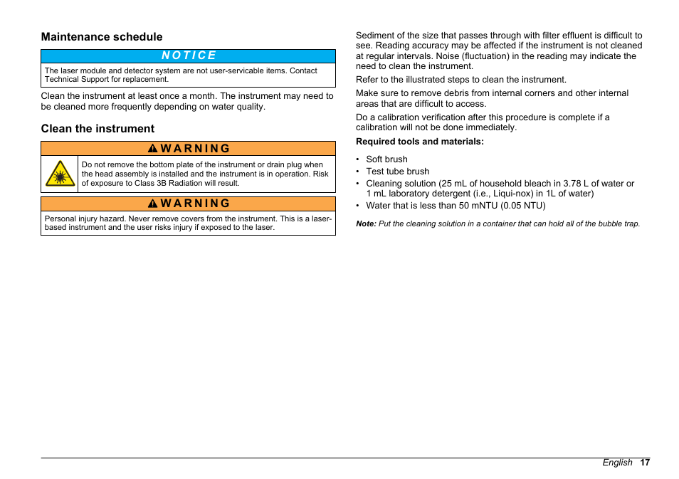 Maintenance schedule, Clean the instrument, Standard verification. refer to | Hach-Lange FILTERTRAK FT 660 sc Basic User Manual User Manual | Page 17 / 90