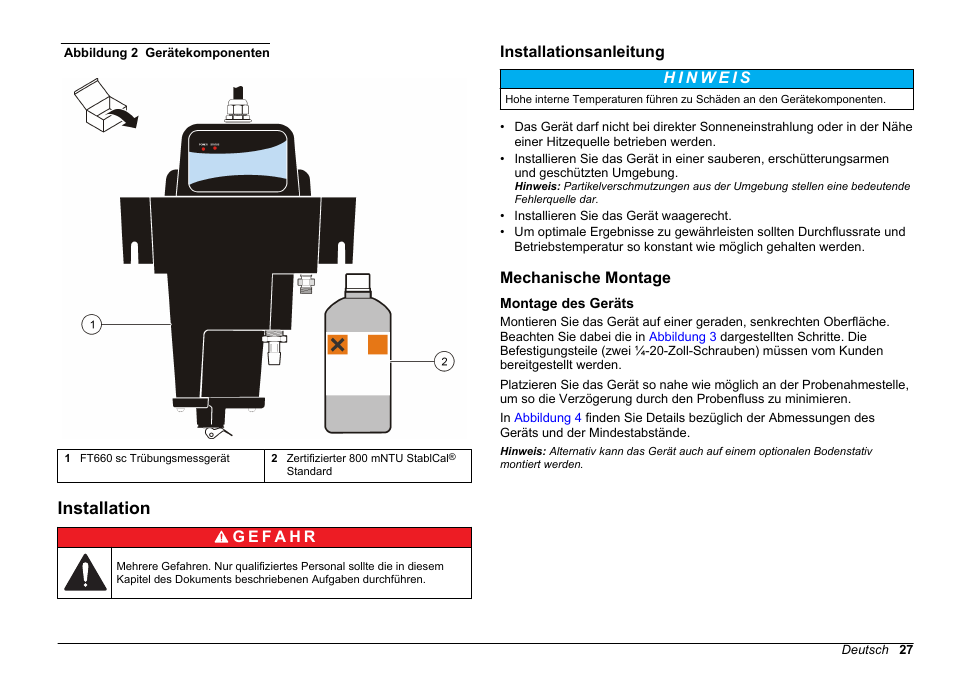 Installation, Installationsanleitung, Mechanische montage | Montage des geräts, Abbildung 2 | Hach-Lange FILTERTRAK FT 660 sc Basic User Manual User Manual | Page 27 / 90