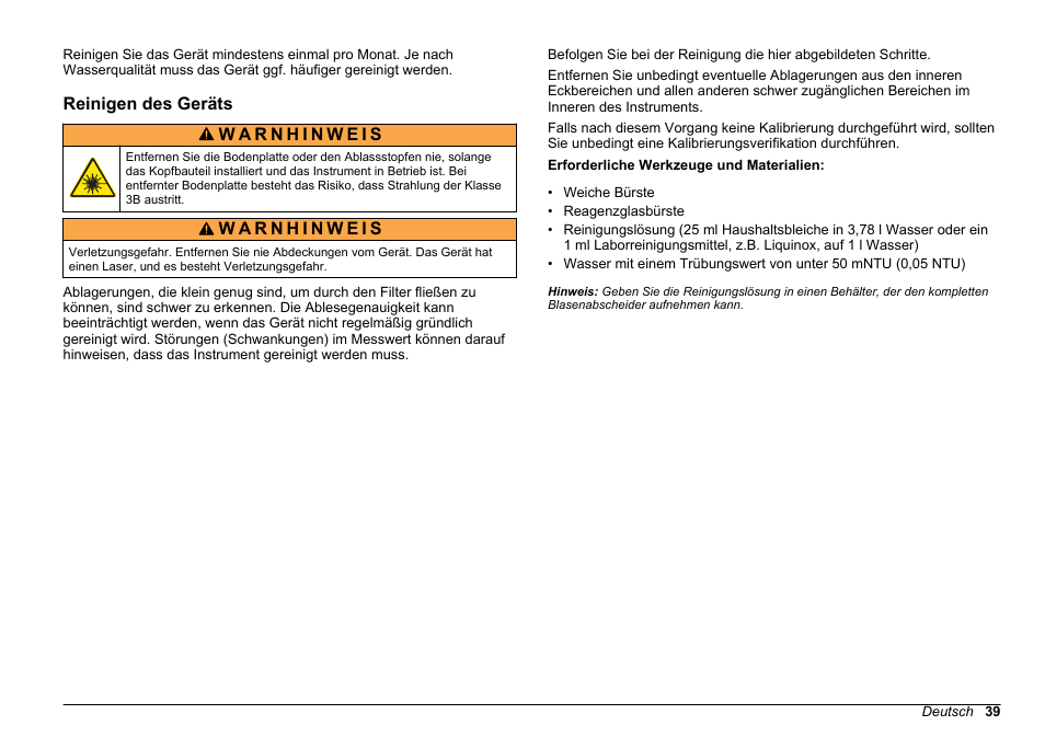 Reinigen des geräts, Verifikation eines nassstandards reinigen. siehe | Hach-Lange FILTERTRAK FT 660 sc Basic User Manual User Manual | Page 39 / 90