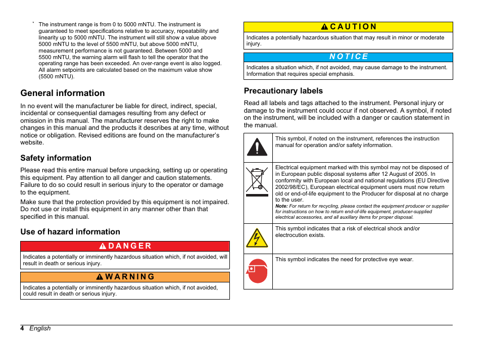 General information, Safety information, Use of hazard information | Precautionary labels | Hach-Lange FILTERTRAK FT 660 sc Basic User Manual User Manual | Page 4 / 90