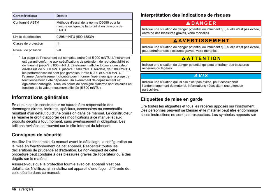 Informations générales, Consignes de sécurité, Interprétation des indications de risques | Etiquettes de mise en garde, A v i s | Hach-Lange FILTERTRAK FT 660 sc Basic User Manual User Manual | Page 46 / 90