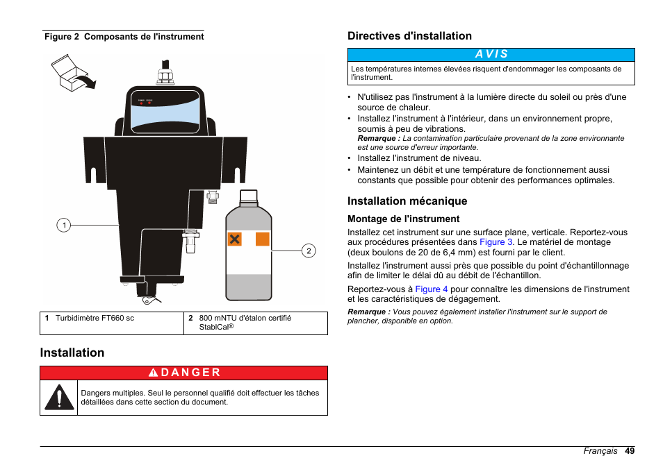 Installation, Directives d'installation, Installation mécanique | Montage de l'instrument, Assurez-vous d'avoir bien reçu tous les composants, Figure 2 | Hach-Lange FILTERTRAK FT 660 sc Basic User Manual User Manual | Page 49 / 90