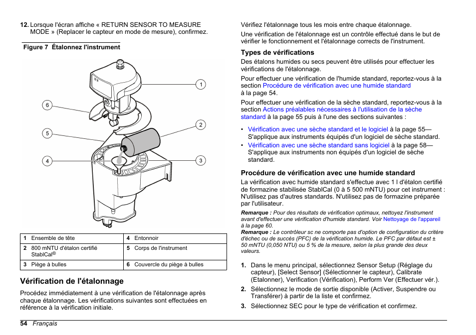 Vérification de l'étalonnage, Types de vérifications, Procédure de vérification avec une humide standard | De l'instrument. voir, Figure 7, Corps. voir | Hach-Lange FILTERTRAK FT 660 sc Basic User Manual User Manual | Page 54 / 90