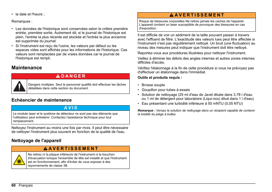 Maintenance, Echéancier de maintenance, Nettoyage de l'appareil | Hach-Lange FILTERTRAK FT 660 sc Basic User Manual User Manual | Page 60 / 90
