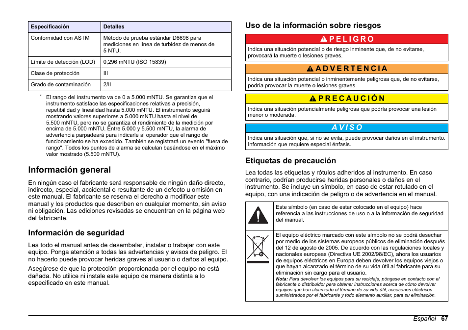 Información general, Información de seguridad, Uso de la información sobre riesgos | Etiquetas de precaución | Hach-Lange FILTERTRAK FT 660 sc Basic User Manual User Manual | Page 67 / 90