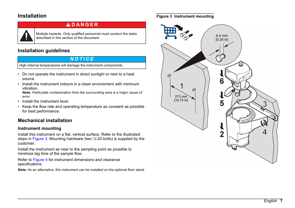 Installation, Installation guidelines, Mechanical installation | Instrument mounting | Hach-Lange FILTERTRAK FT 660 sc Basic User Manual User Manual | Page 7 / 90