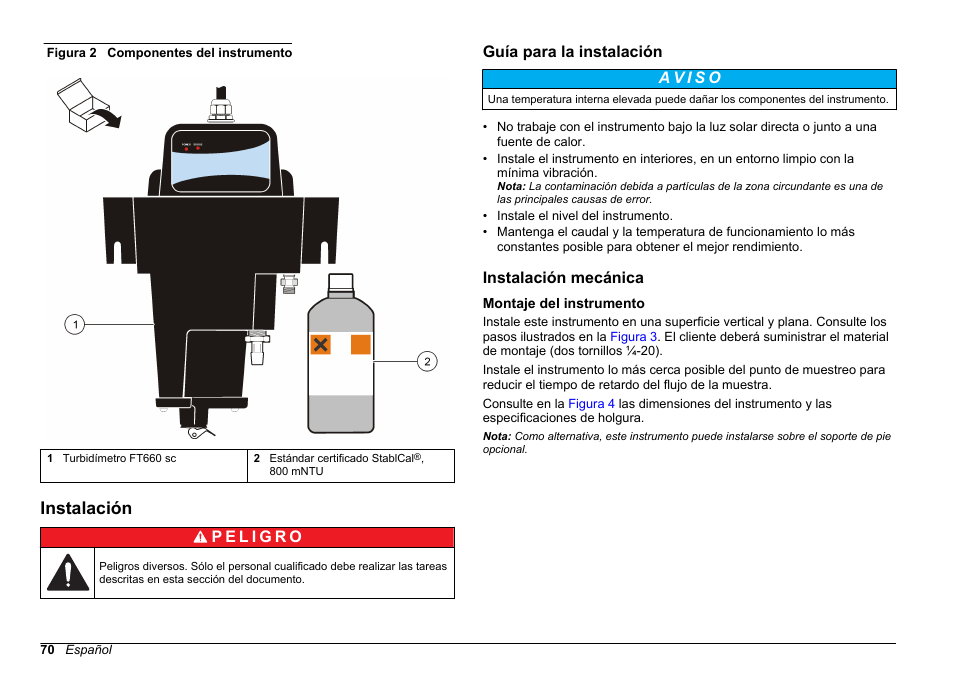 Instalación, Guía para la instalación, Instalación mecánica | Montaje del instrumento, Figura 2, Si faltan | Hach-Lange FILTERTRAK FT 660 sc Basic User Manual User Manual | Page 70 / 90