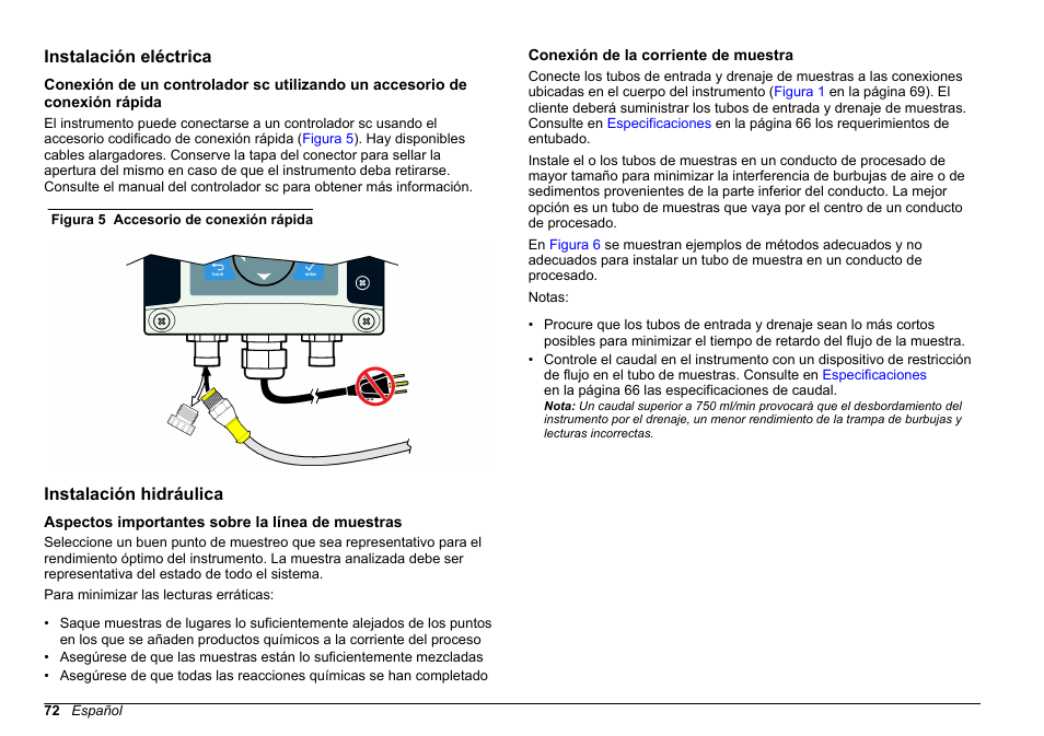 Instalación eléctrica, Instalación hidráulica, Aspectos importantes sobre la línea de muestras | Conexión de la corriente de muestra | Hach-Lange FILTERTRAK FT 660 sc Basic User Manual User Manual | Page 72 / 90