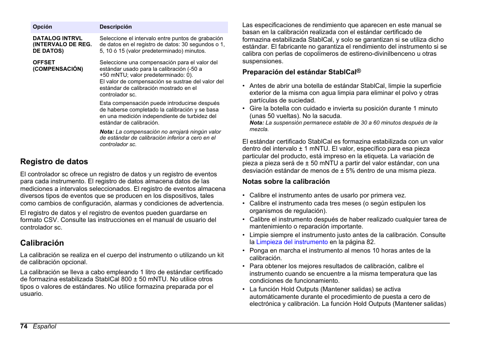 Registro de datos, Calibración, Preparación del estándar stablcal | Notas sobre la calibración | Hach-Lange FILTERTRAK FT 660 sc Basic User Manual User Manual | Page 74 / 90