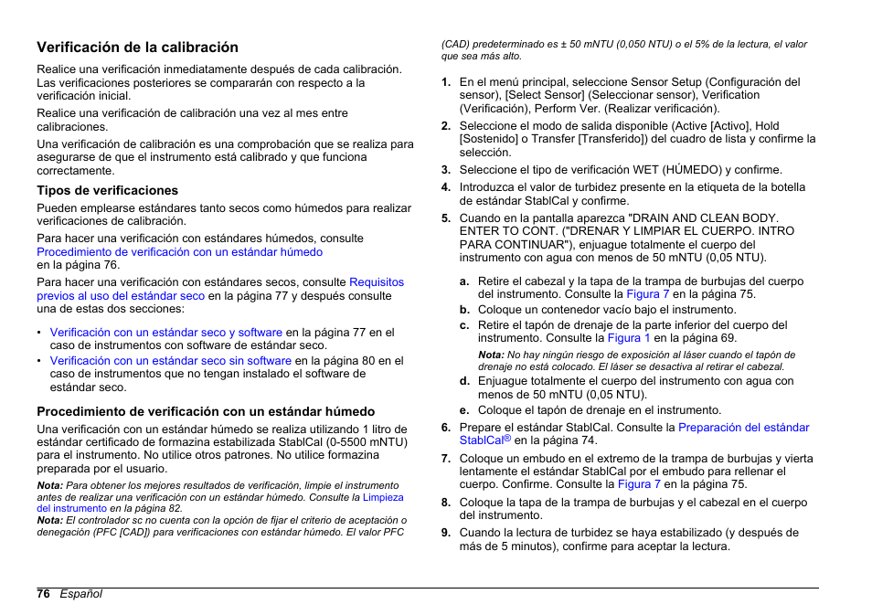 Verificación de la calibración, Tipos de verificaciones | Hach-Lange FILTERTRAK FT 660 sc Basic User Manual User Manual | Page 76 / 90