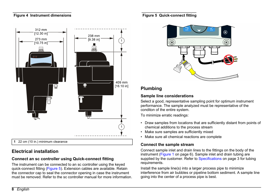 Electrical installation, Plumbing, Sample line considerations | Connect the sample stream, Figure 4, For instrument dimensions and clearance | Hach-Lange FILTERTRAK FT 660 sc Basic User Manual User Manual | Page 8 / 90