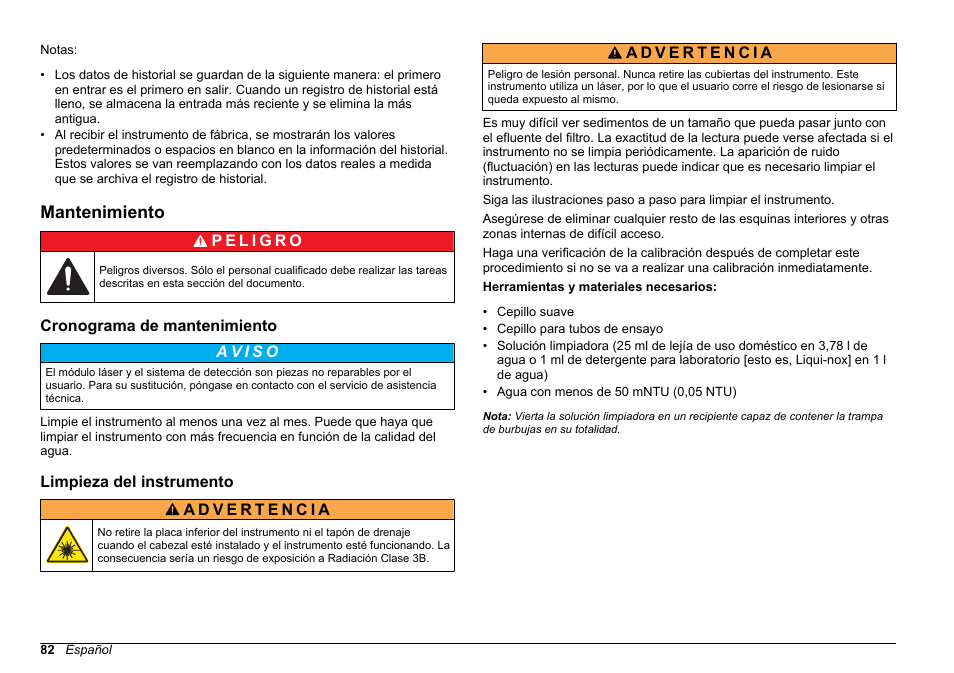 Mantenimiento, Cronograma de mantenimiento, Limpieza del instrumento | Limpieza, Del instrumento | Hach-Lange FILTERTRAK FT 660 sc Basic User Manual User Manual | Page 82 / 90