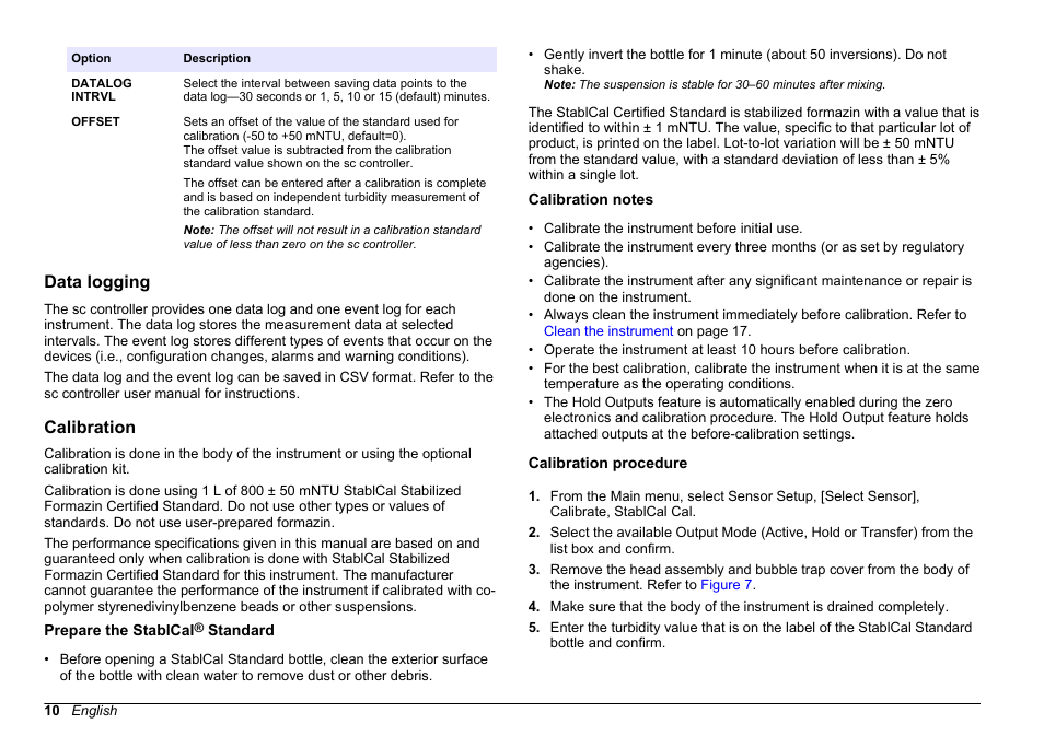 Data logging, Calibration, Prepare the stablcal® standard | Calibration notes, Calibration procedure, Data logging calibration, Prepare the stablcal, Standard, Calibration notes calibration procedure | Hach-Lange FILTERTRAK FT 660 sc User Manual User Manual | Page 12 / 30