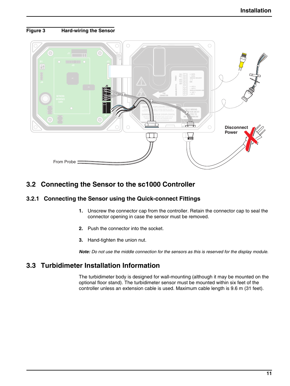2 connecting the sensor to the sc1000 controller, 3 turbidimeter installation information, Figure 3 | Installation, Figure 3 hard-wiring the sensor, Disconnect power from probe | Hach-Lange 1720E Low Range Turbidimeter User Manual | Page 15 / 48