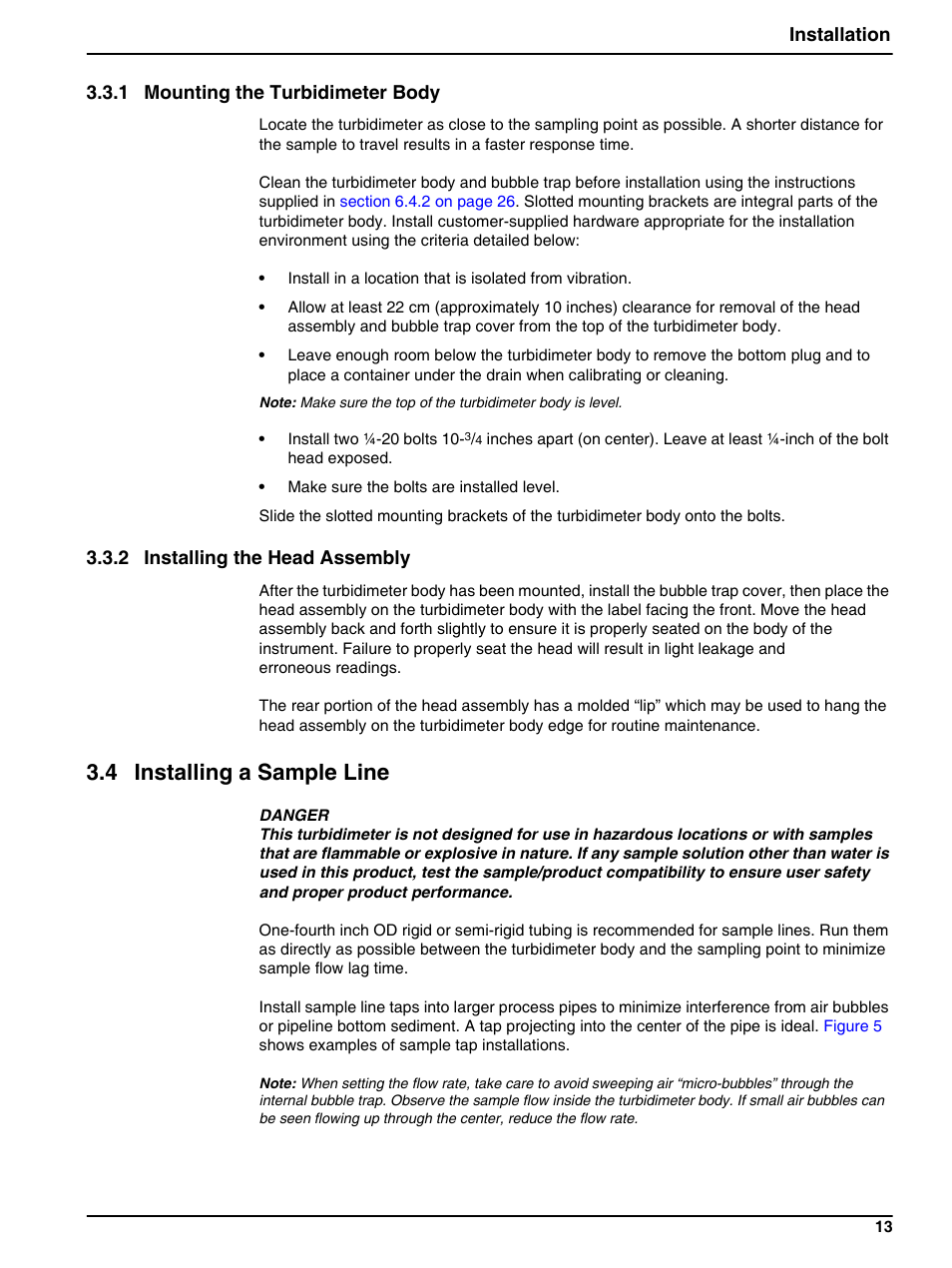 1 mounting the turbidimeter body, 2 installing the head assembly, 4 installing a sample line | Installation 3.3.1 mounting the turbidimeter body | Hach-Lange 1720E Low Range Turbidimeter User Manual | Page 17 / 48