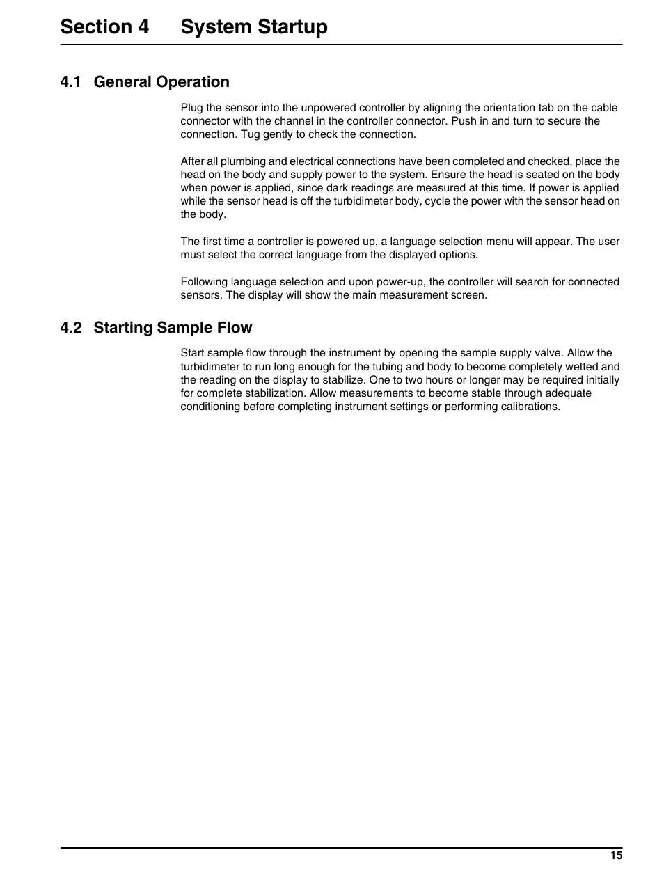 Section 4 system startup, 1 general operation, 2 starting sample flow | 1 general operation 4.2 starting sample flow | Hach-Lange 1720E Low Range Turbidimeter User Manual | Page 19 / 48
